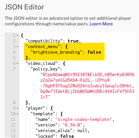 JSON Editor sin marca Brightcove Player